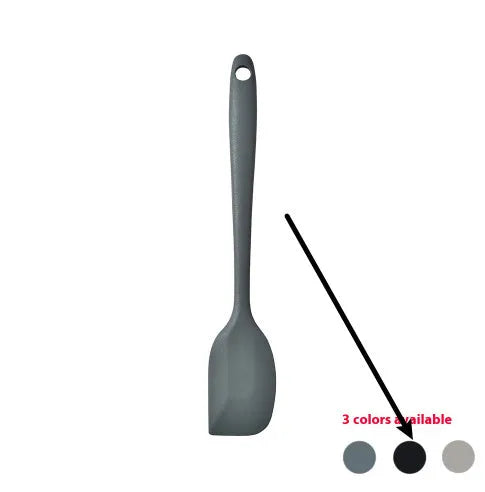 12-piece silicone kitchen utensil set in rotating storage bucket, including spatula, spoon, ladel, and egg beater on kitchen counter.