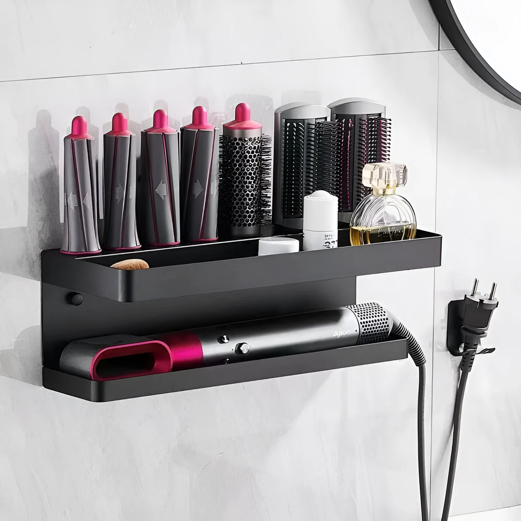 White double-layer punch-free aluminium wall rack with Marcel Waver shape for curler storage.
