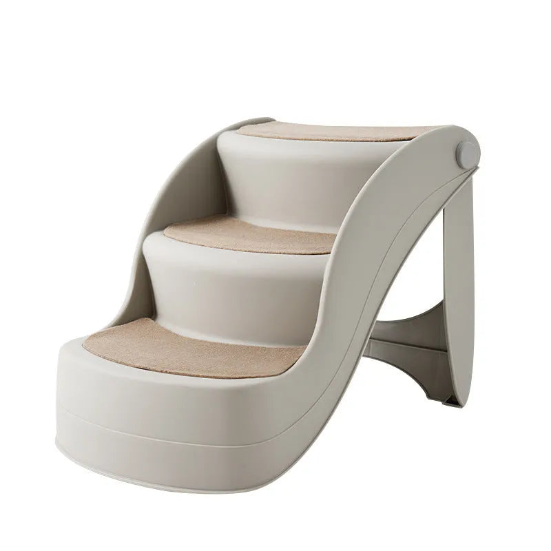Foldable grey plastic pet stairs with three steps and a non-slip mat for small dogs and cats