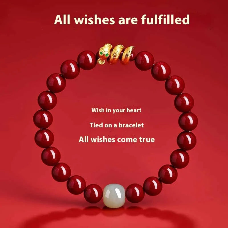 Handmade Chinese-style snake zodiac bracelet made from cinnabar beads.