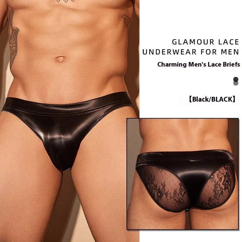 Men's black and white shark skin lace briefs with hip-cut style