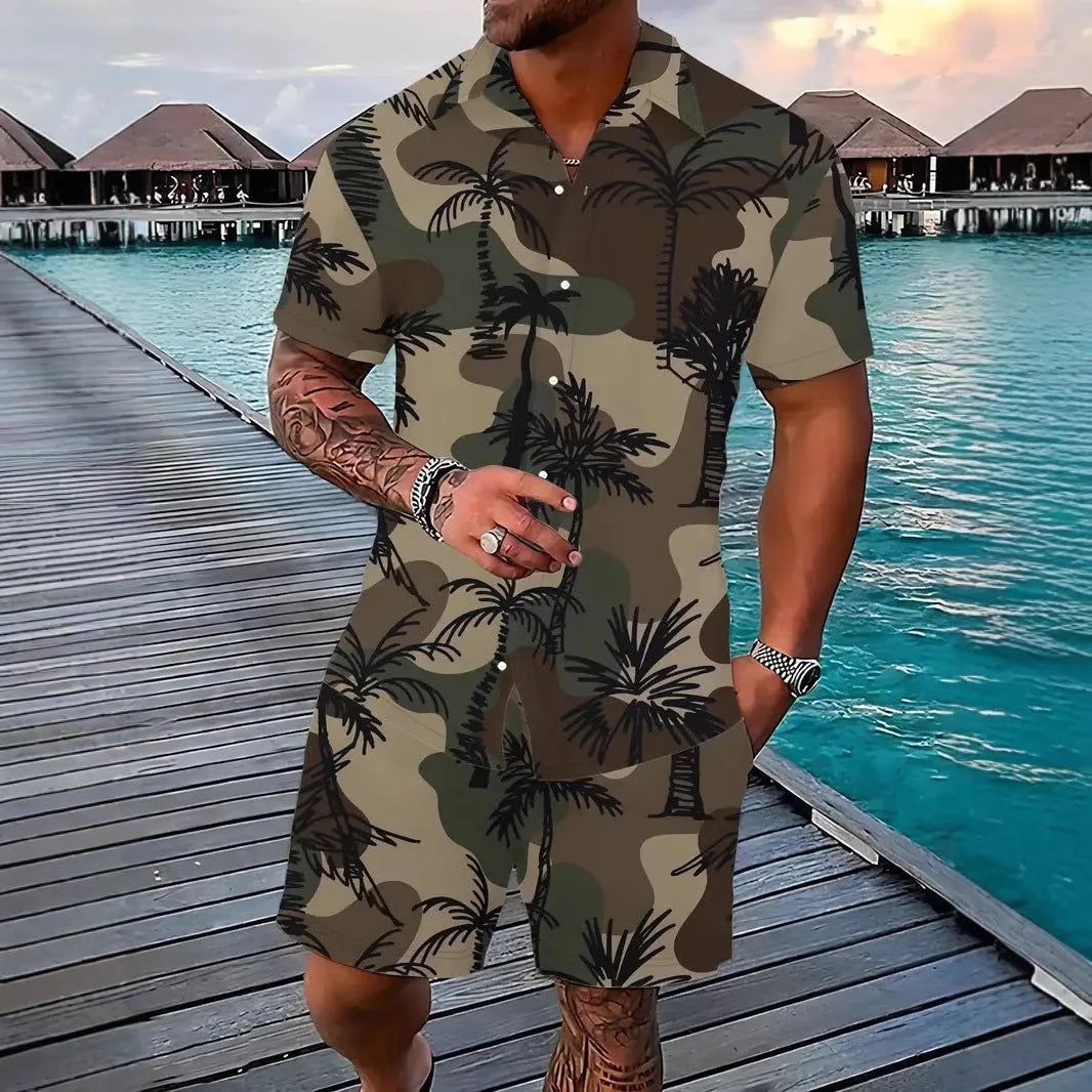 Men's 3D printed Hawaiian pattern short sleeve shirt and matching shorts co-ord set.