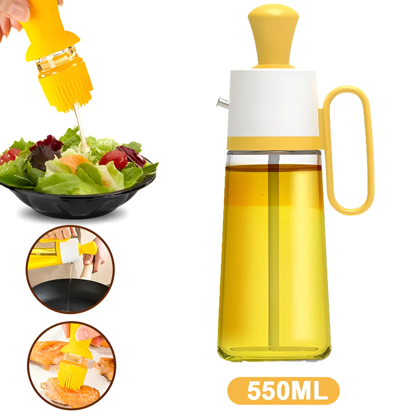 Transparent glass oil dispenser with silicone brush, stainless steel nozzle, in yellow, green, or brown.