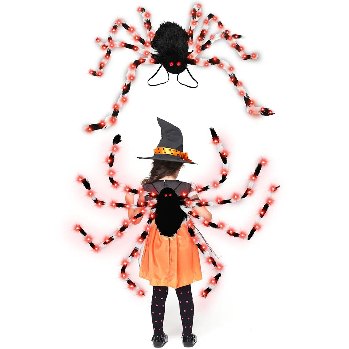 Plush Halloween spider backpack with LED lights in green, shown at 125cm length.