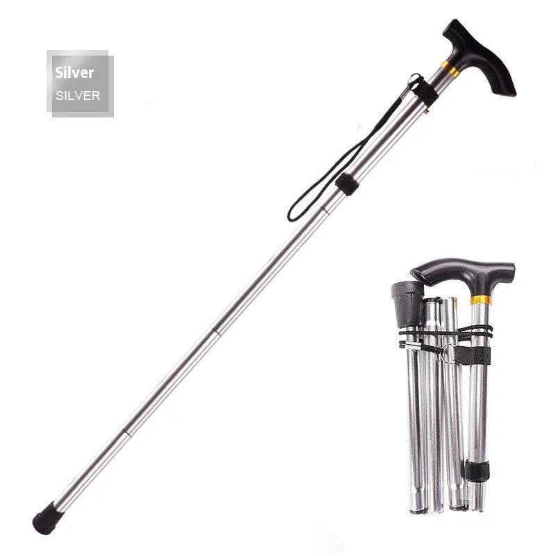 Adjustable aluminium folding walking cane extended, showing anti-slip handle and rubber tip.
