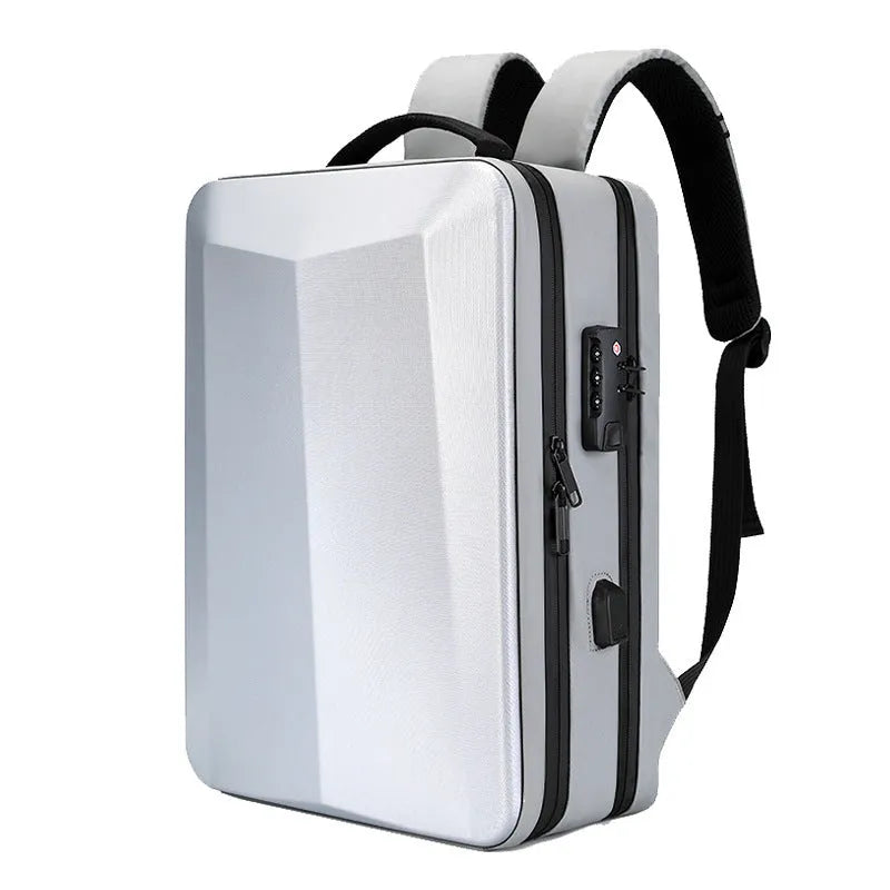 Black and silver white men's business backpack made of ABS PC and Oxford cloth, shown in 15 inch and 17 inch sizes.