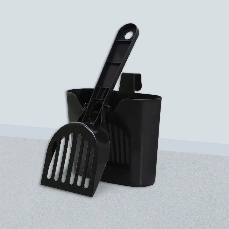 Black mesh cat litter scoop with lengthened handle and storage box, 28x10x3cm, plastic