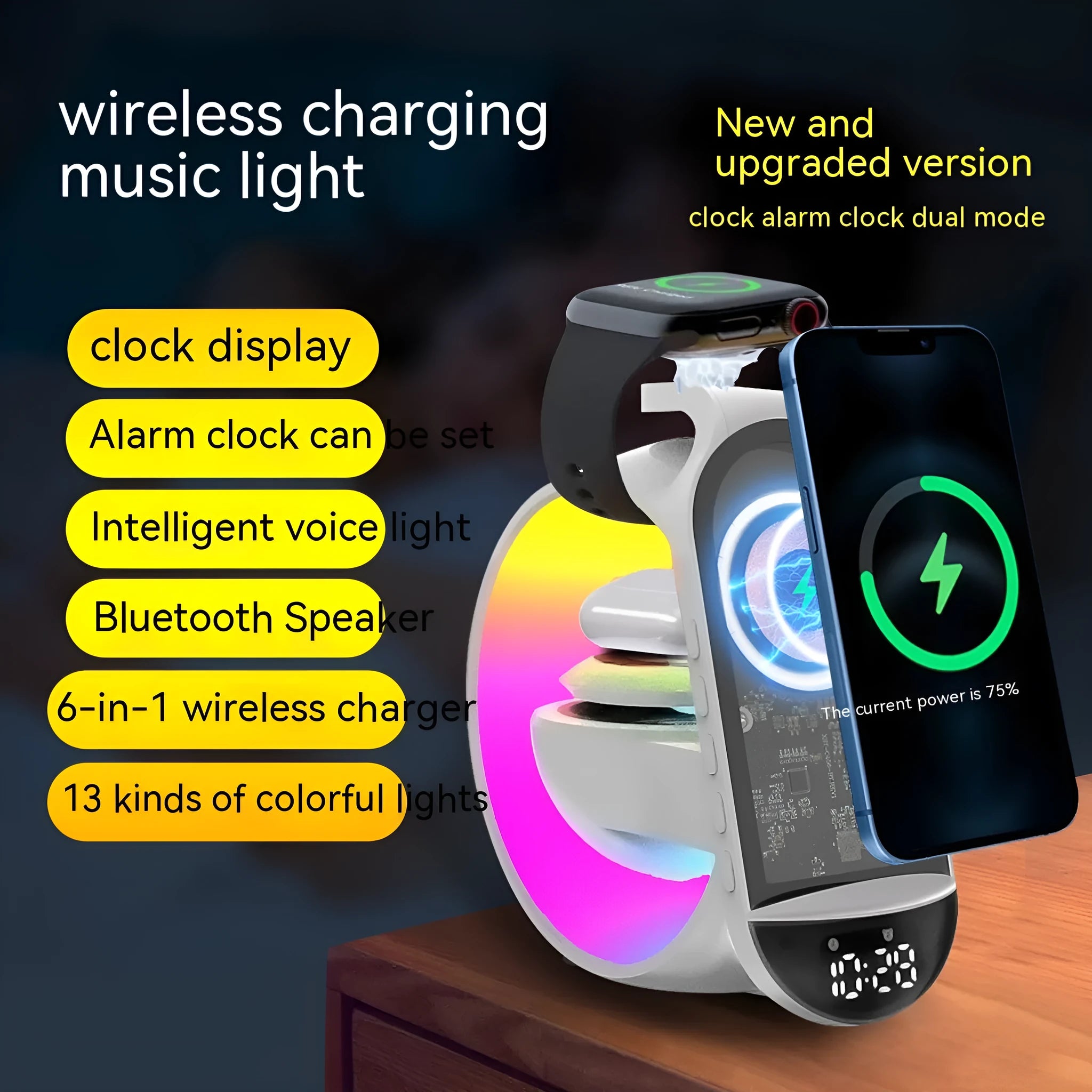 White Bluetooth speaker six-in-one wireless charger with ambience light and dual microphones for home karaoke