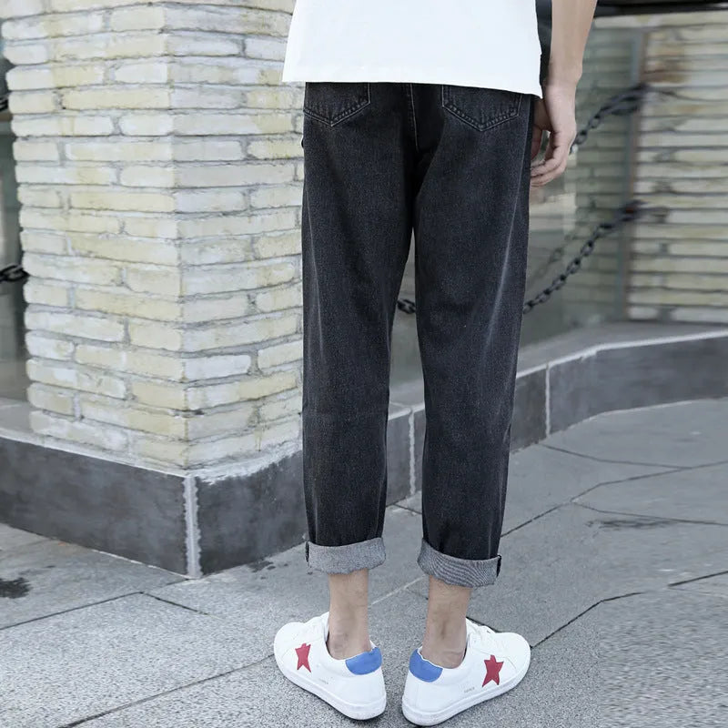 Men's loose straight leg harem jeans in black and blue colours with cotton fabric