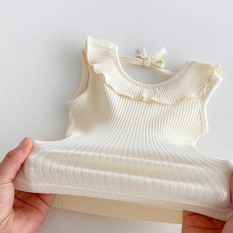 Beige girls cotton two-piece set with ruffled collar top and double layer Bud waist shorts