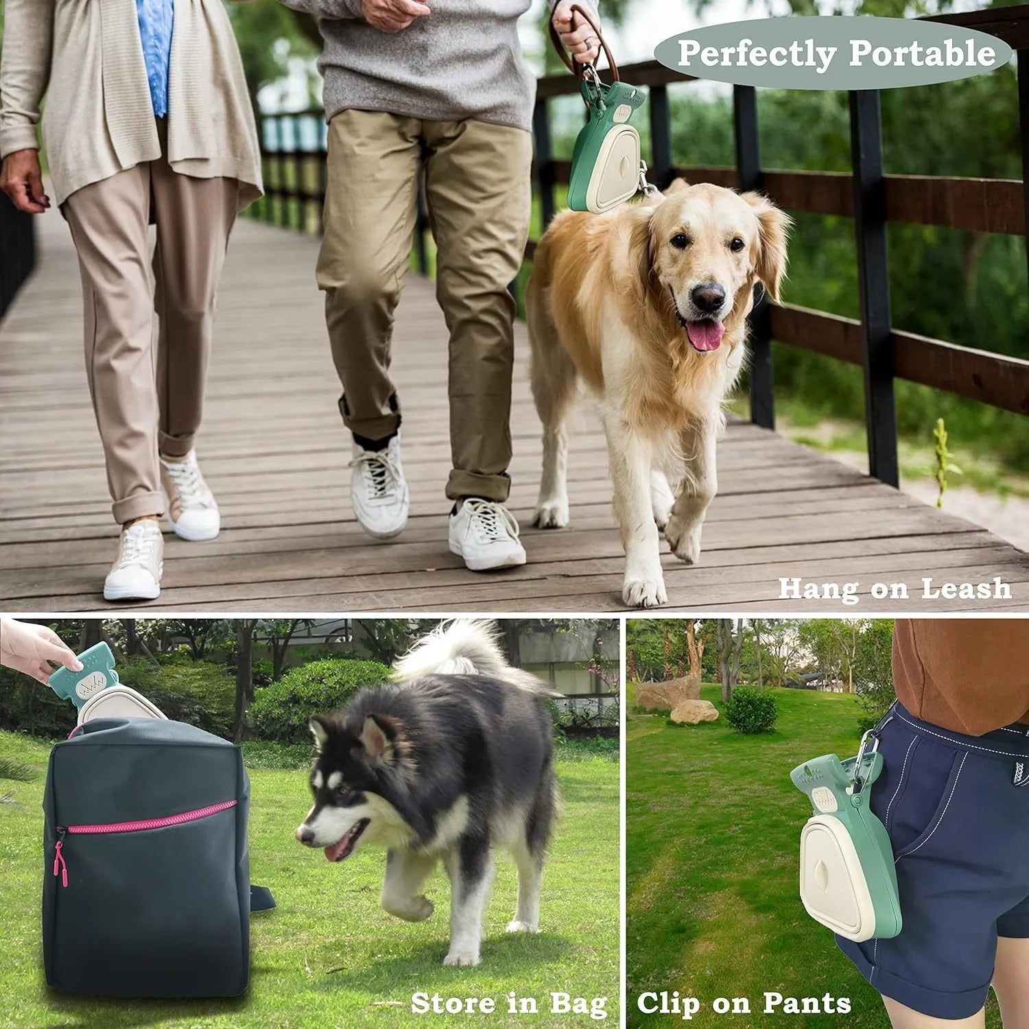 Blue portable dog pooper scooper with expandable container and carabiner clip.