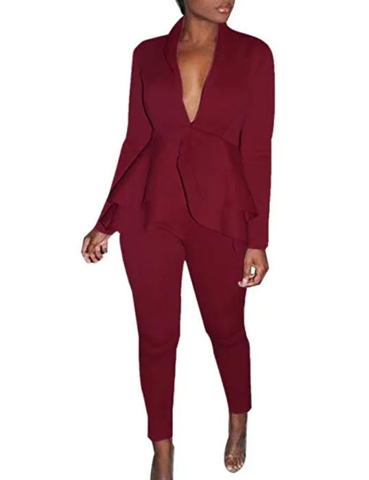 Women's ruffled business uniform set in polyester fabric with shirt and pencil pants