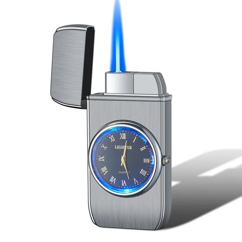 Electronic watch gas lighter with LED flash in black brushed metal finish.