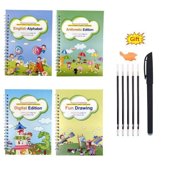 Magic stylus calligraphy practice set for kids showing four colourful copybooks and pens on a table.