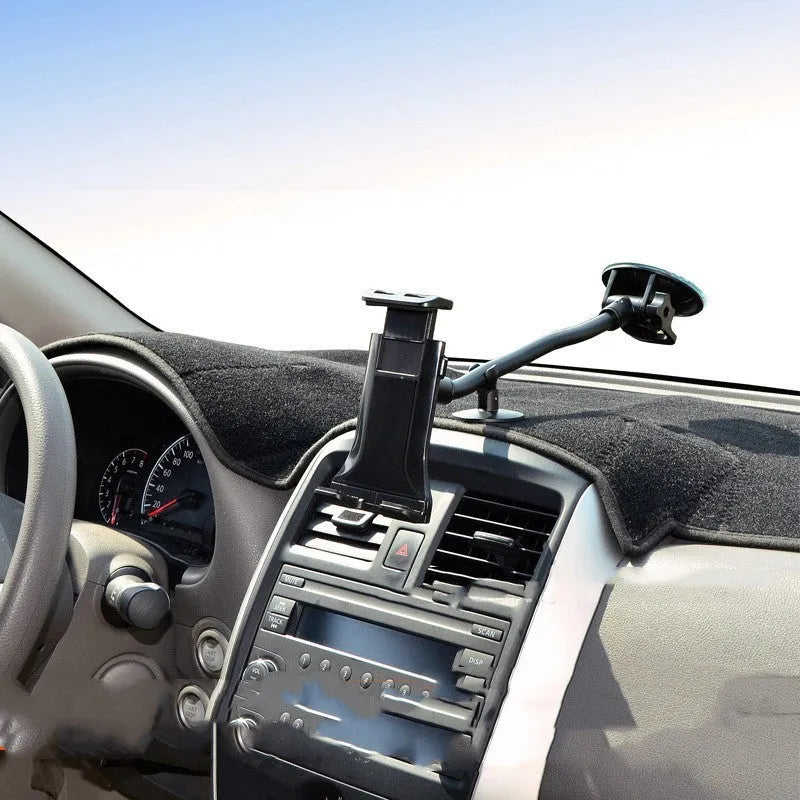 Black universal vehicle-mounted tablet holder with long-rod suction cup for 4-12 inch devices.