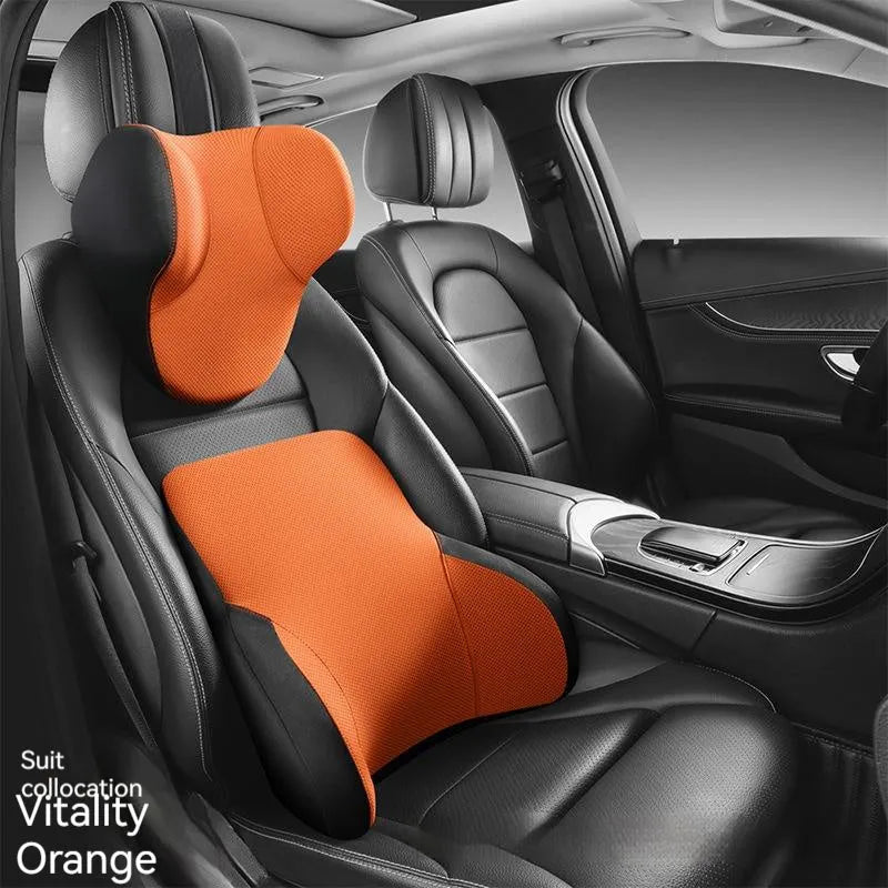 Memory foam and latex car lumbar support pillow and matching headrest with knitted fabric cover.