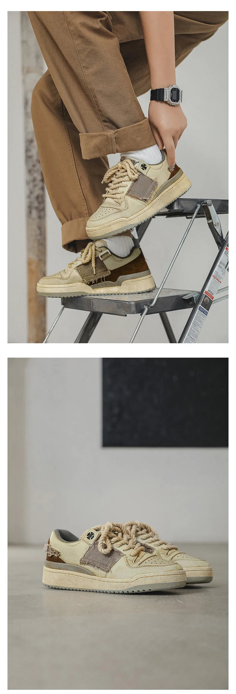 Beige low-top skateboard shoes with microfiber upper and round-toe design