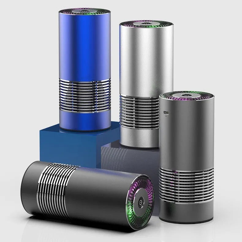 Compact black metallic car wireless air purifier with power cord for cigarette lighter socket