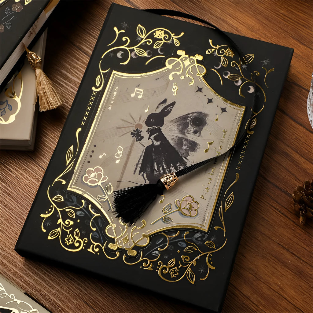 THALO Gothic style A5 retro art notebook showing one of three cover colour options: rabbit maze, forest, or red fruit design.