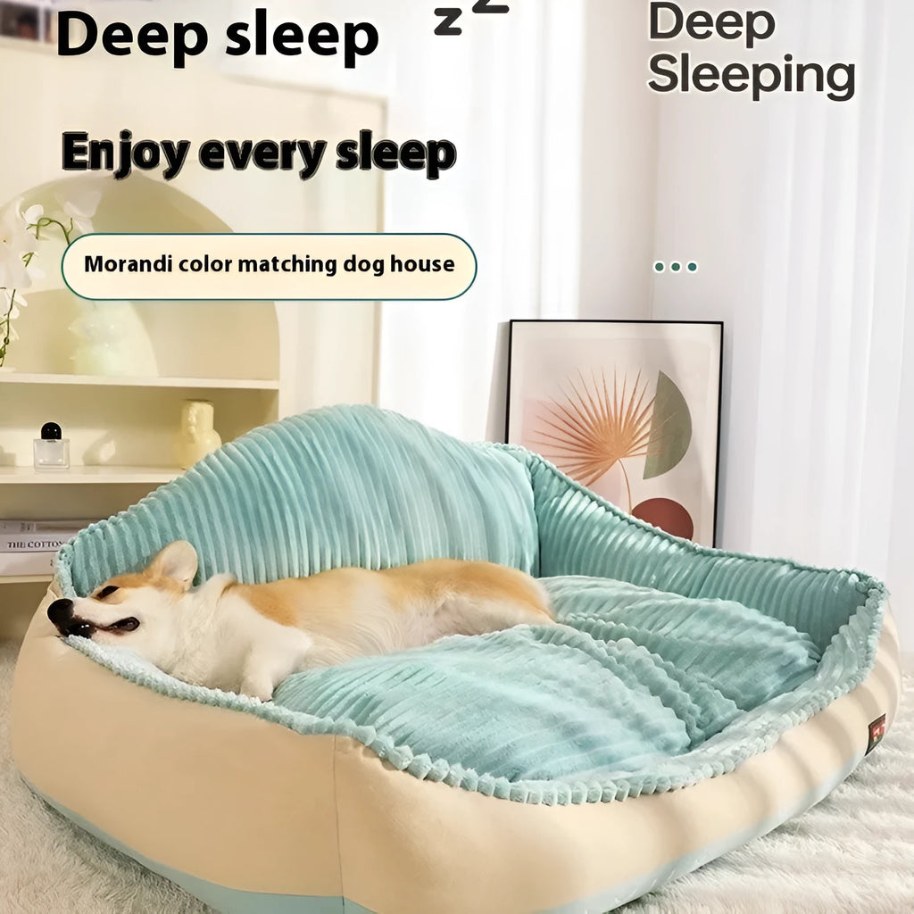 Morandi coloured washable pet bed mat with kennel structure for dogs and cats on a sofa.