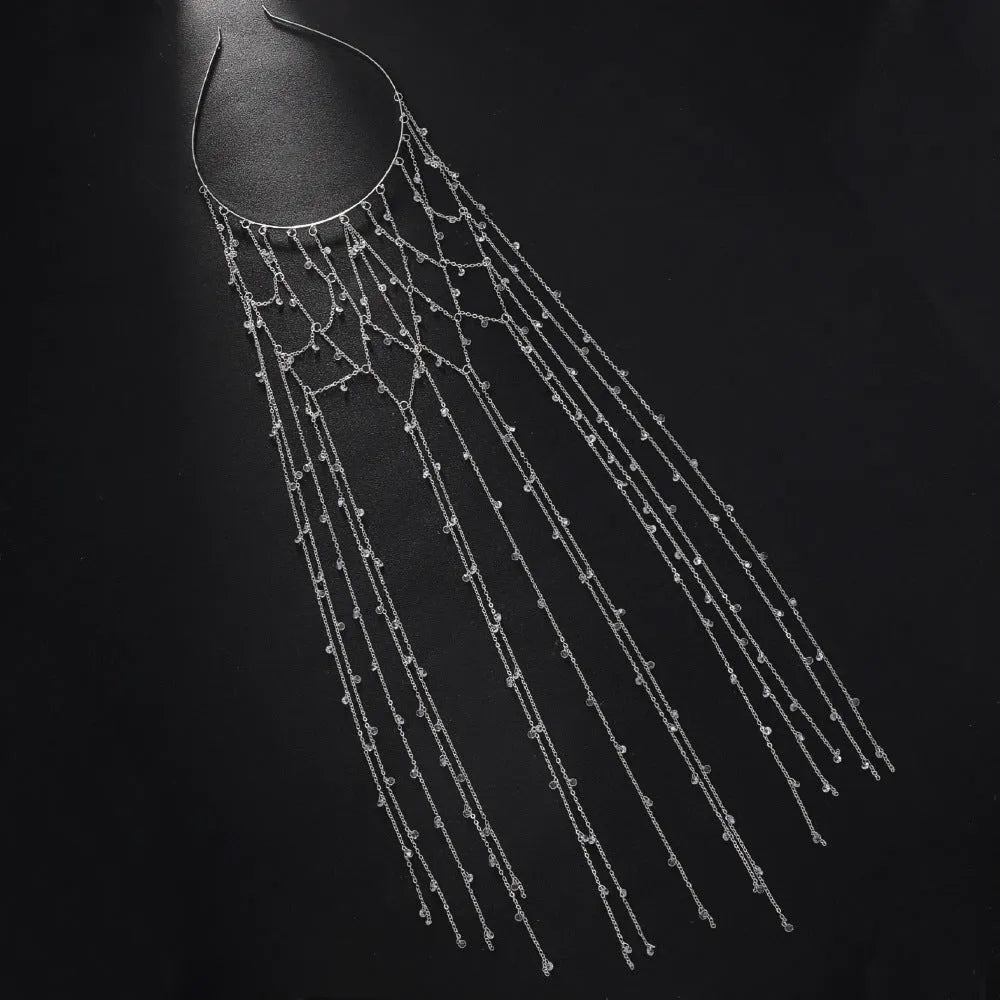 Gold electroplated rhinestone headband with mesh tassel detailing, 24 cm hair accessory