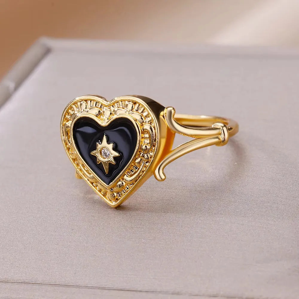 Adjustable 18K gold plated love emerald ring with synthetic zircon for women, open mouth copper design