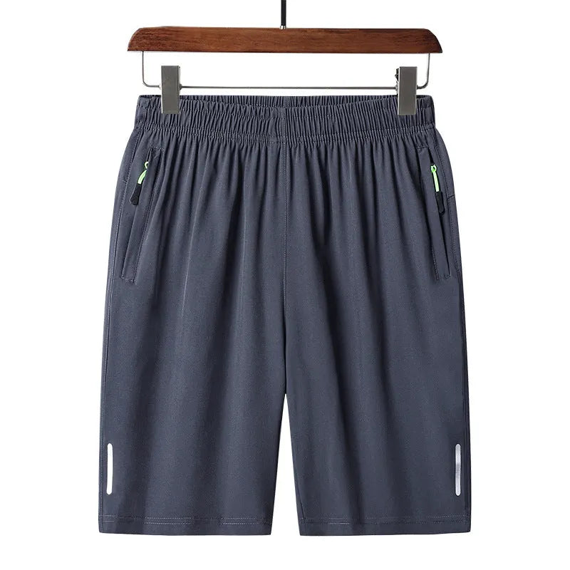 Men's polyester solid colour beach casual sports shorts with zippered pocket in black, gray, and blue
