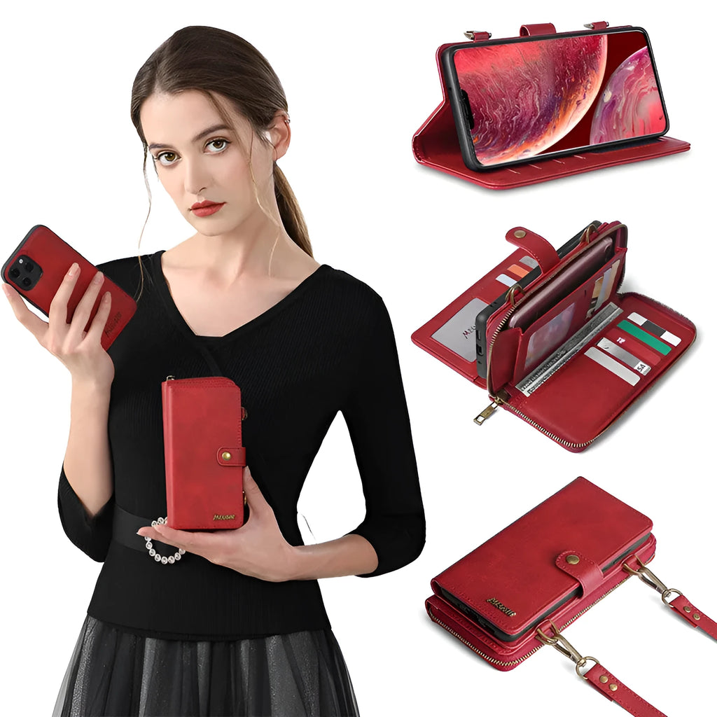 Detachable leather wallet flip case for Apple iPhone and Samsung Galaxy phones in black, blue, brown, and red.