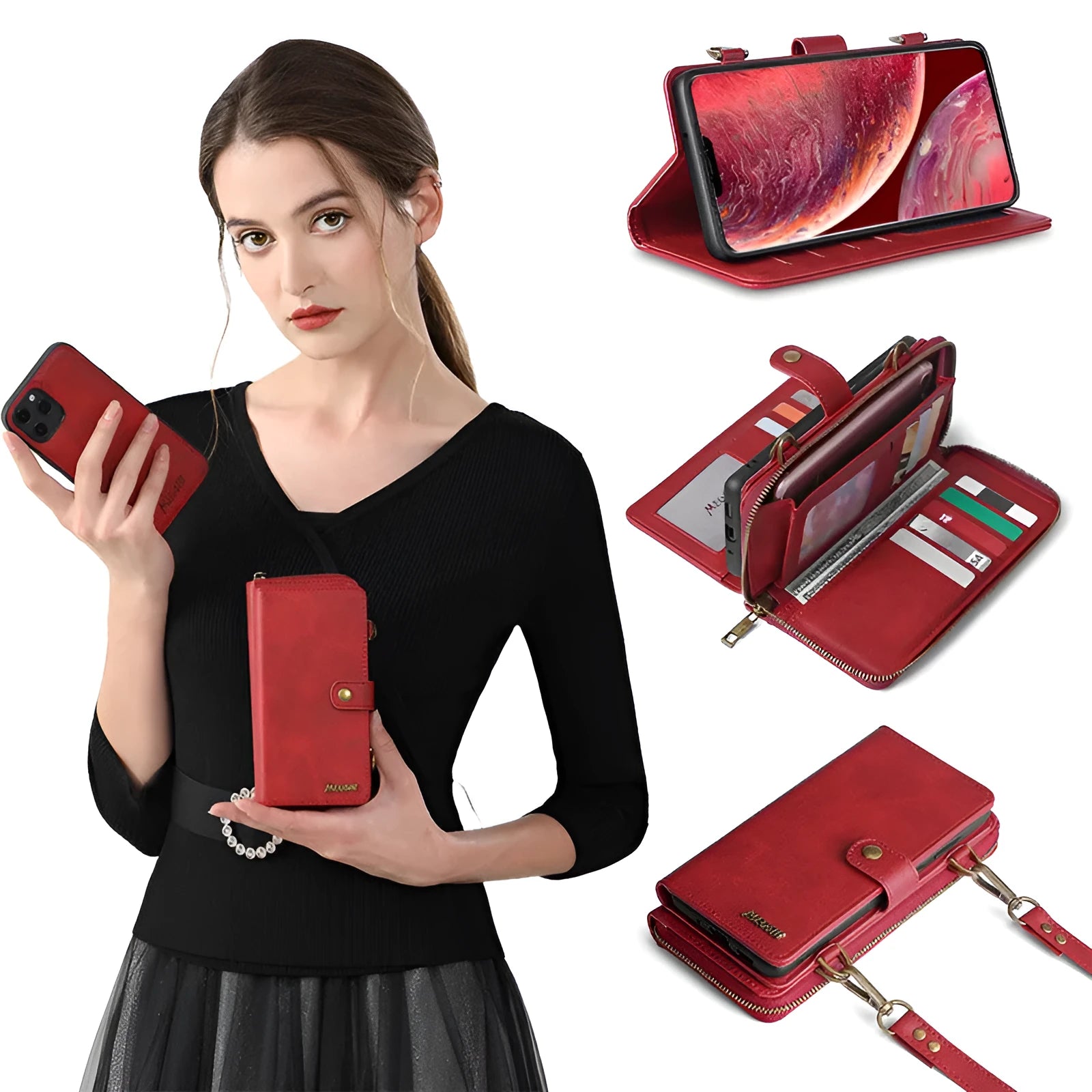 Detachable leather wallet flip case for Apple iPhone and Samsung Galaxy phones in black, blue, brown, and red.