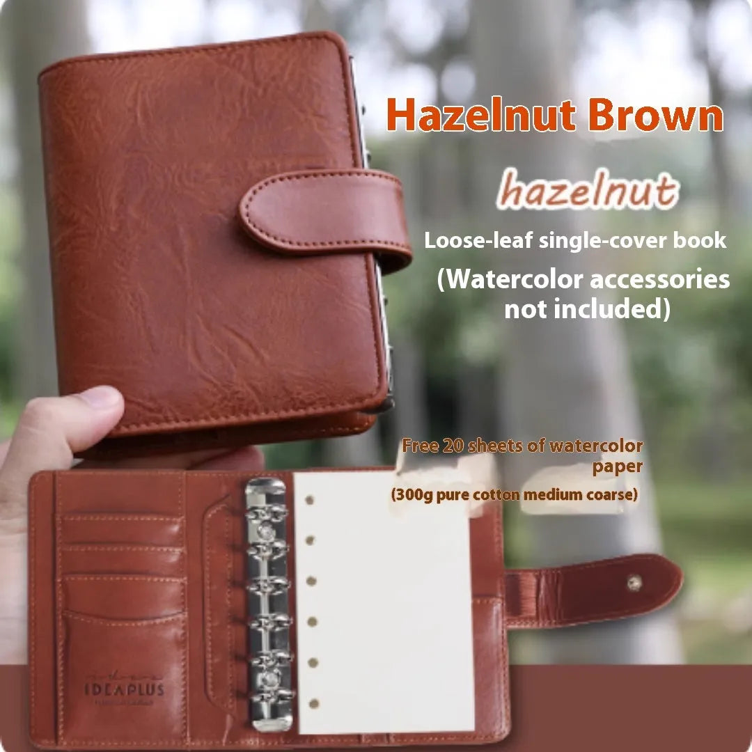 A7 mini loose-leaf watercolour book in avocado green, hazelnut brown, mango pudding, mocha coffee, and rainforest green colour options.