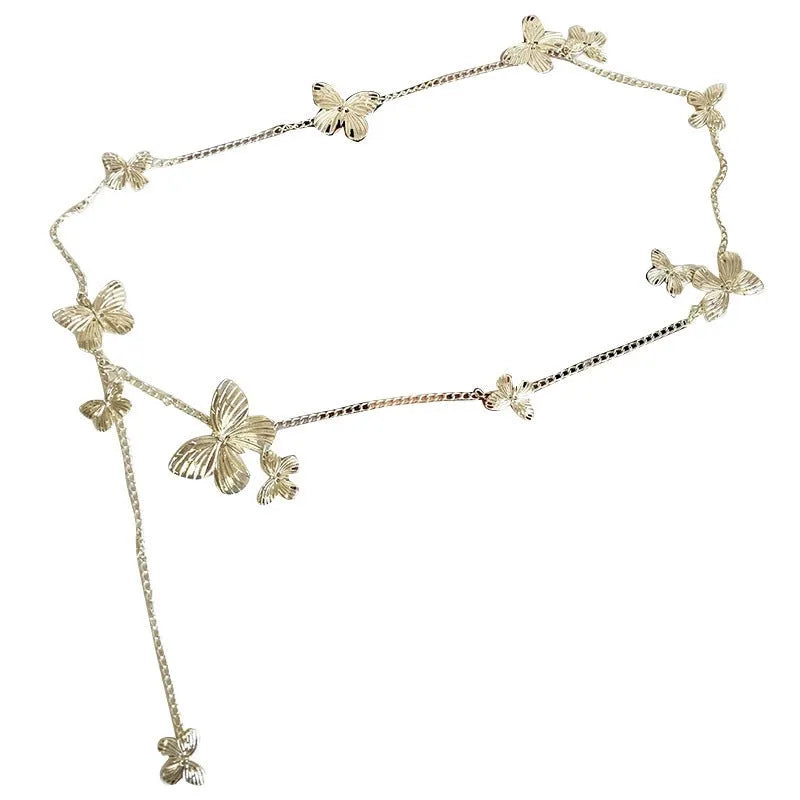 Gold or silver alloy waist chain for women featuring a butterfly design, showing its 104cm length.