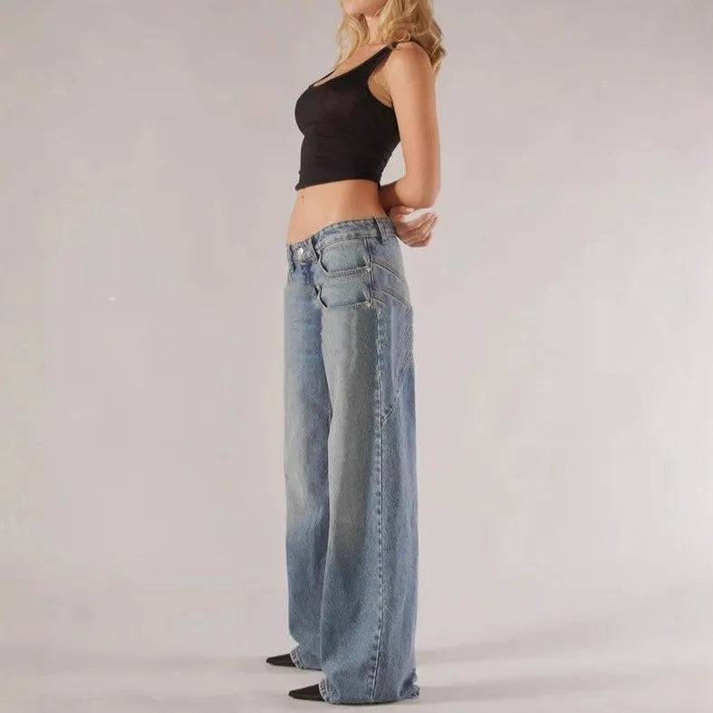 Women's loose straight wide leg cotton trousers with low waist and splicing detail in blue colour