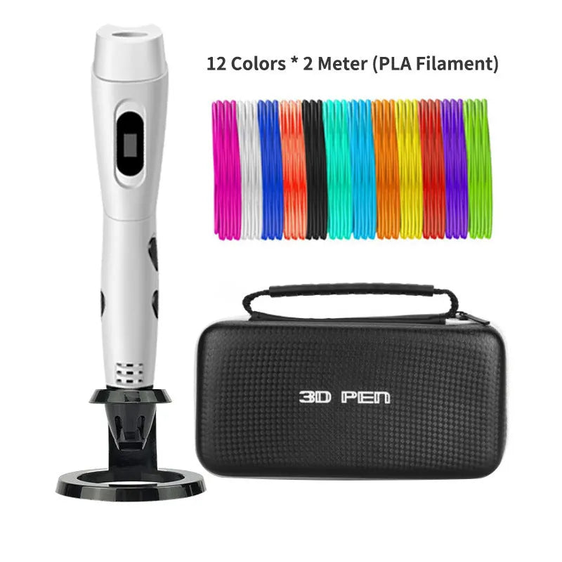 White ABS 3D printing pen with USB cable and PLA consumables on original base in gift box
