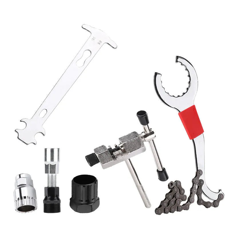 Iron bicycle repair tool set with chain cutting device and central shaft puller for mountain bike maintenance