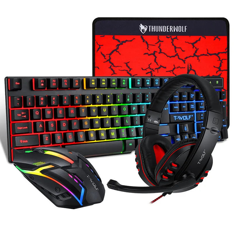 Thunder Wolf T800 wired gaming keyboard and mouse bundle with headset and extended mouse pad