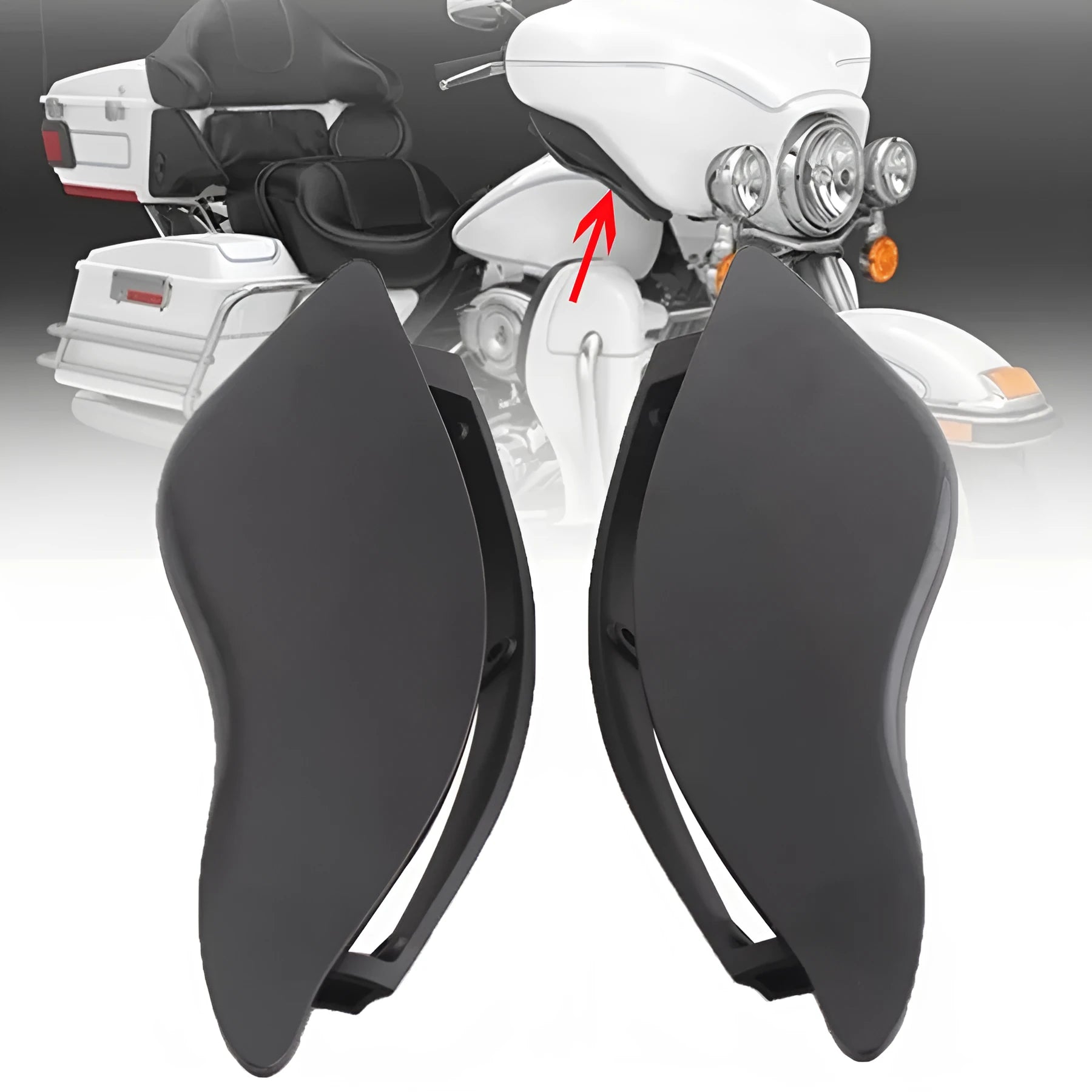 Pair of black ABS plastic windshield side wings for a Harley Davidson Glide motorcycle.
