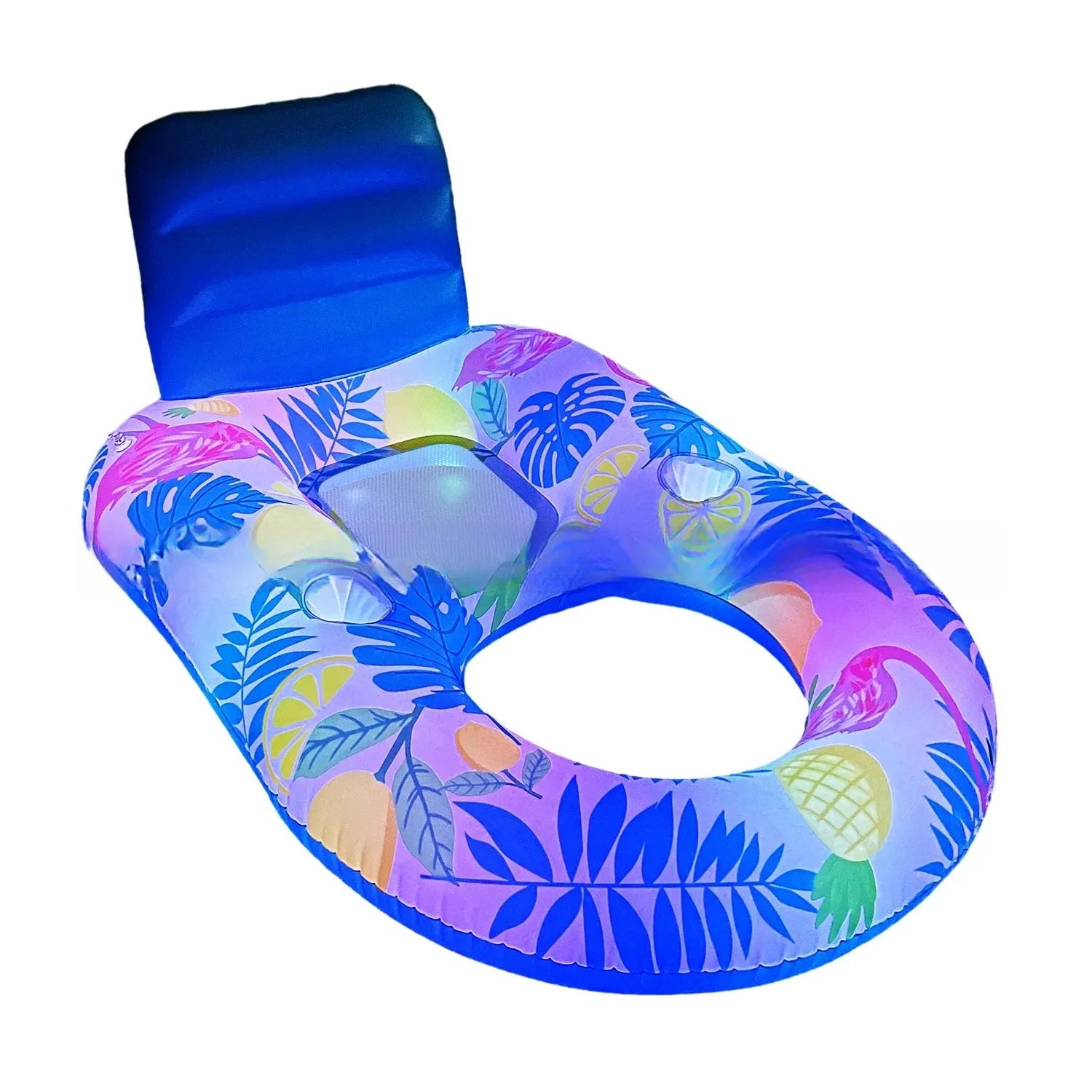 White luminous inflatable floating bed with backrest in swimming pool