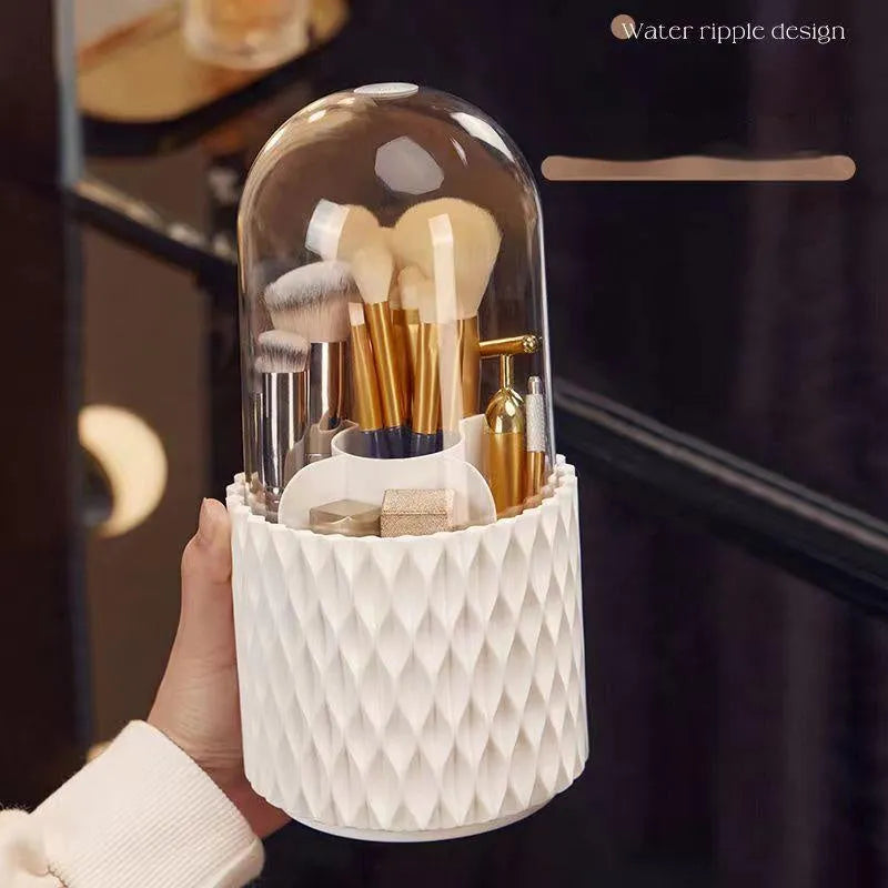 White rotating acrylic makeup brush storage box with transparent sides and dustproof lid