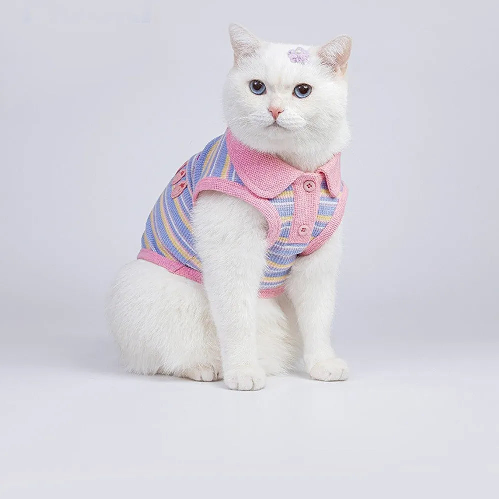 Pink purple dog vest for small pets showing weight-based sizing chart from XXS to XXL
