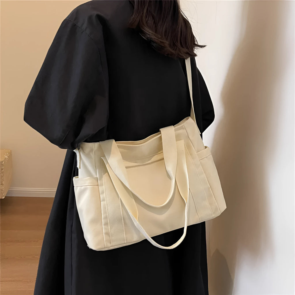 Large solid colour polyester canvas shoulder tote bag for women with outer pocket
