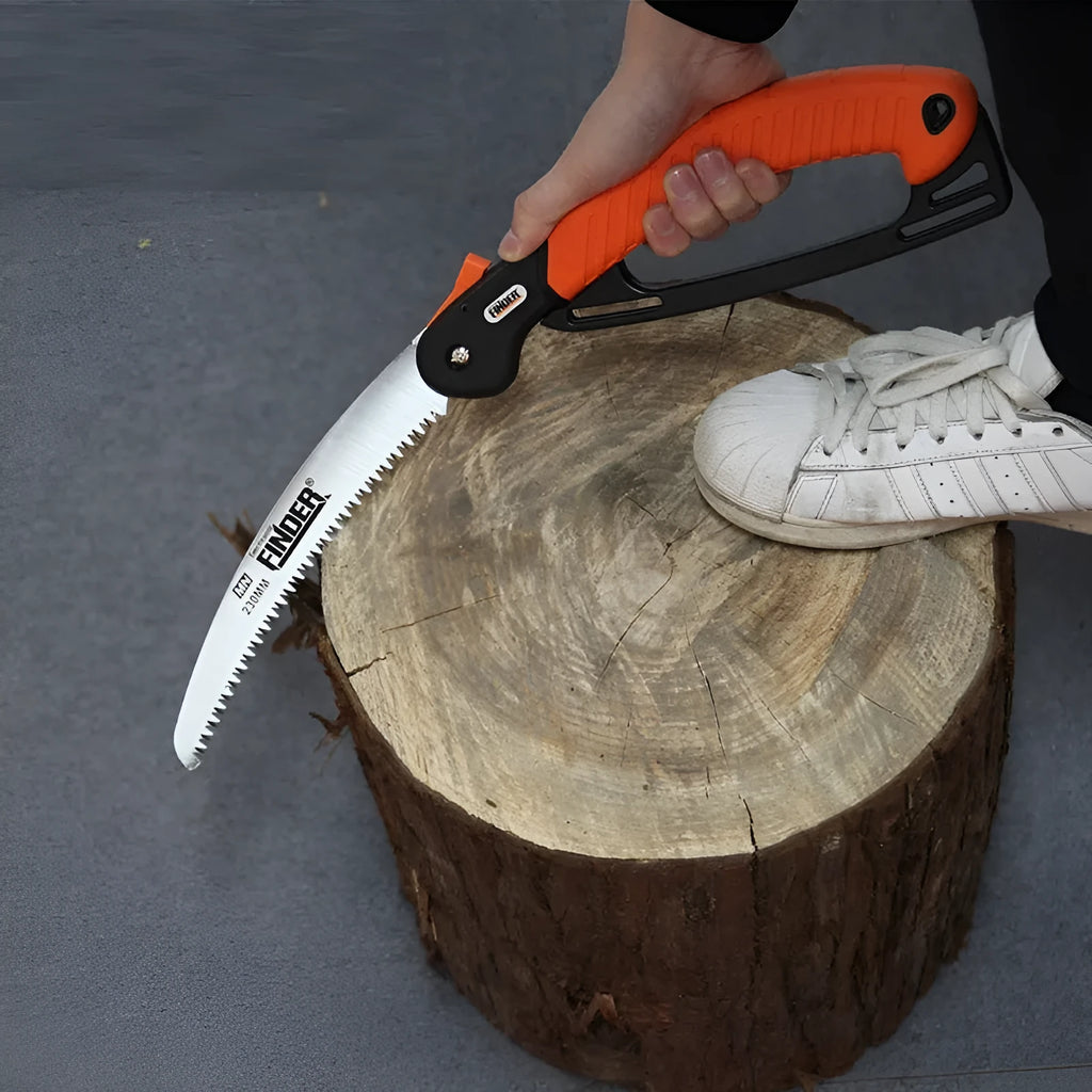 Orange handled folding garden saw with a 9 inch steel blade shown both open and closed.