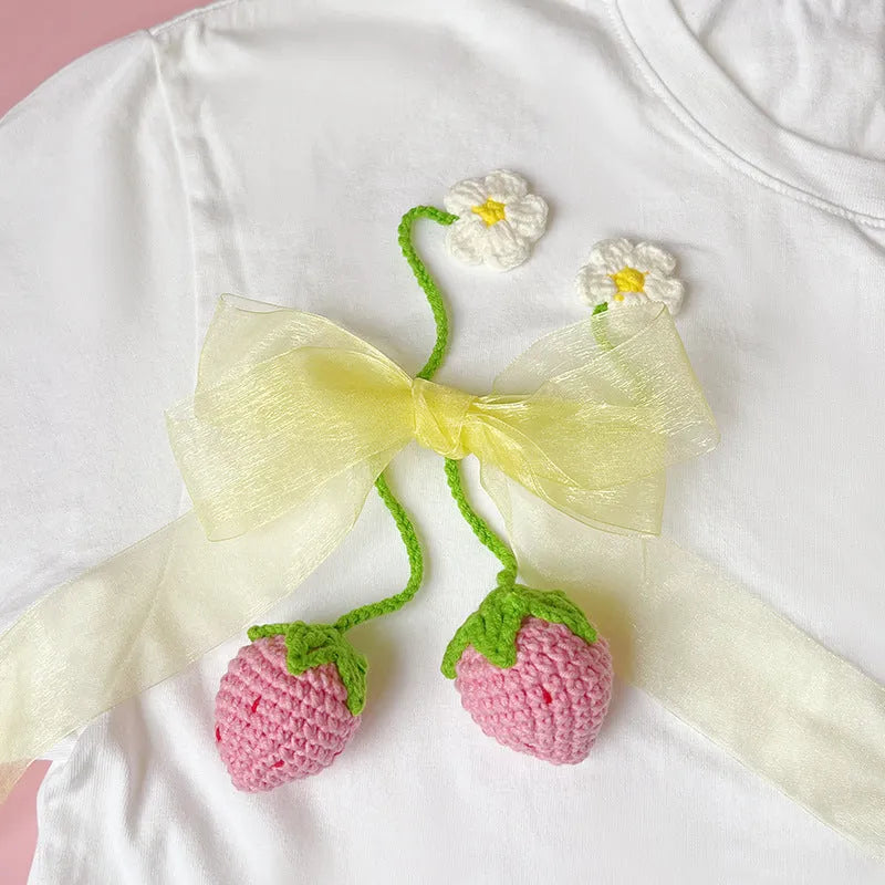 Handcrafted wool crochet strawberry pendant necklace on 35cm chain in red or pink colour options