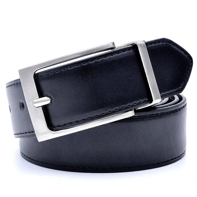 Men's brown and black genuine leather belt with a silver rotating pin buckle on a dark background.