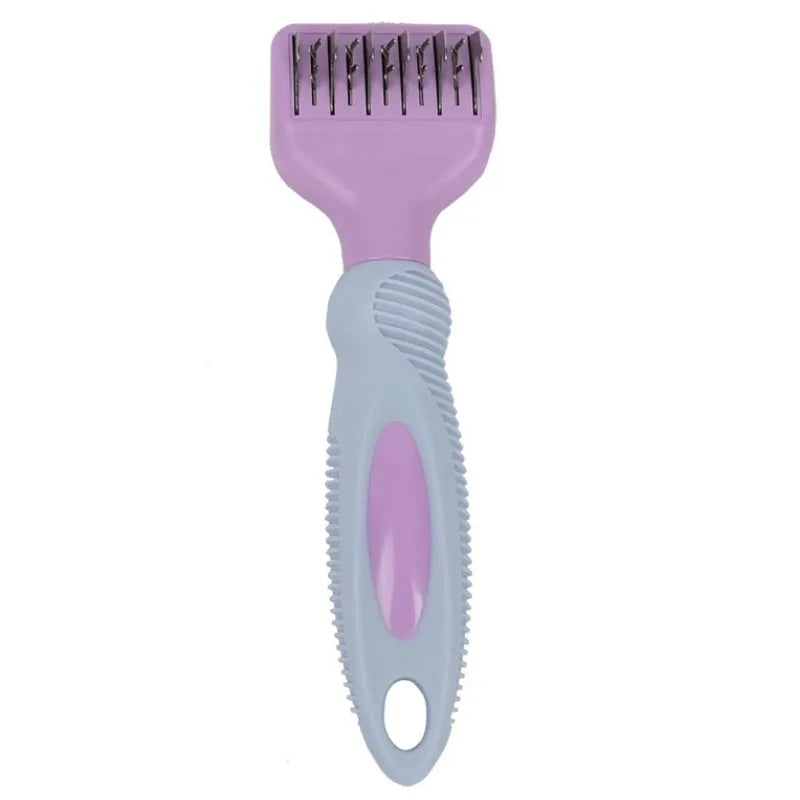 Pink and purple dog comb with stainless steel knot knife and massage brush for pet grooming