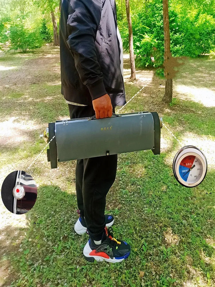 Outdoor portable smokeless vacuum oven grill in Silver with 1.5L tube and 50cm food tank on grass