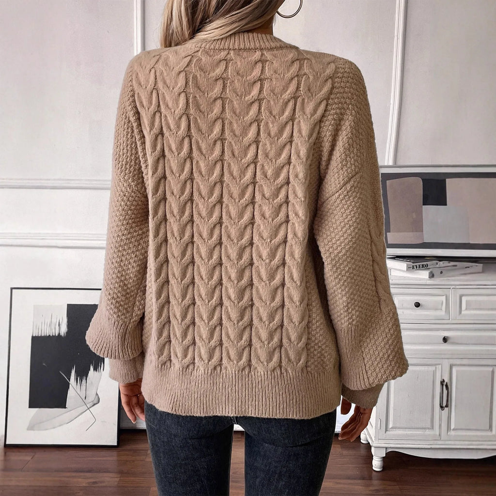Women's round neck sweater with twist texture in khaki colour, showing loose casual fit