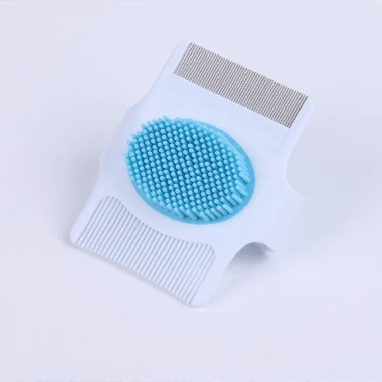 Blue multifunctional pet comb grooming tool showing compact 8.5 cm design with hair removal and massage features