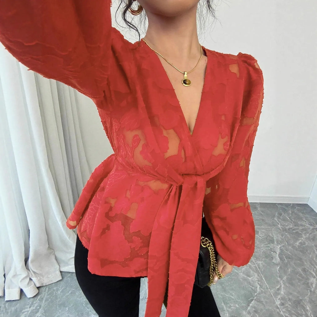 Semi-transparent hollow-out polyester long-sleeved V-neck women's shirt in black with embroidery details