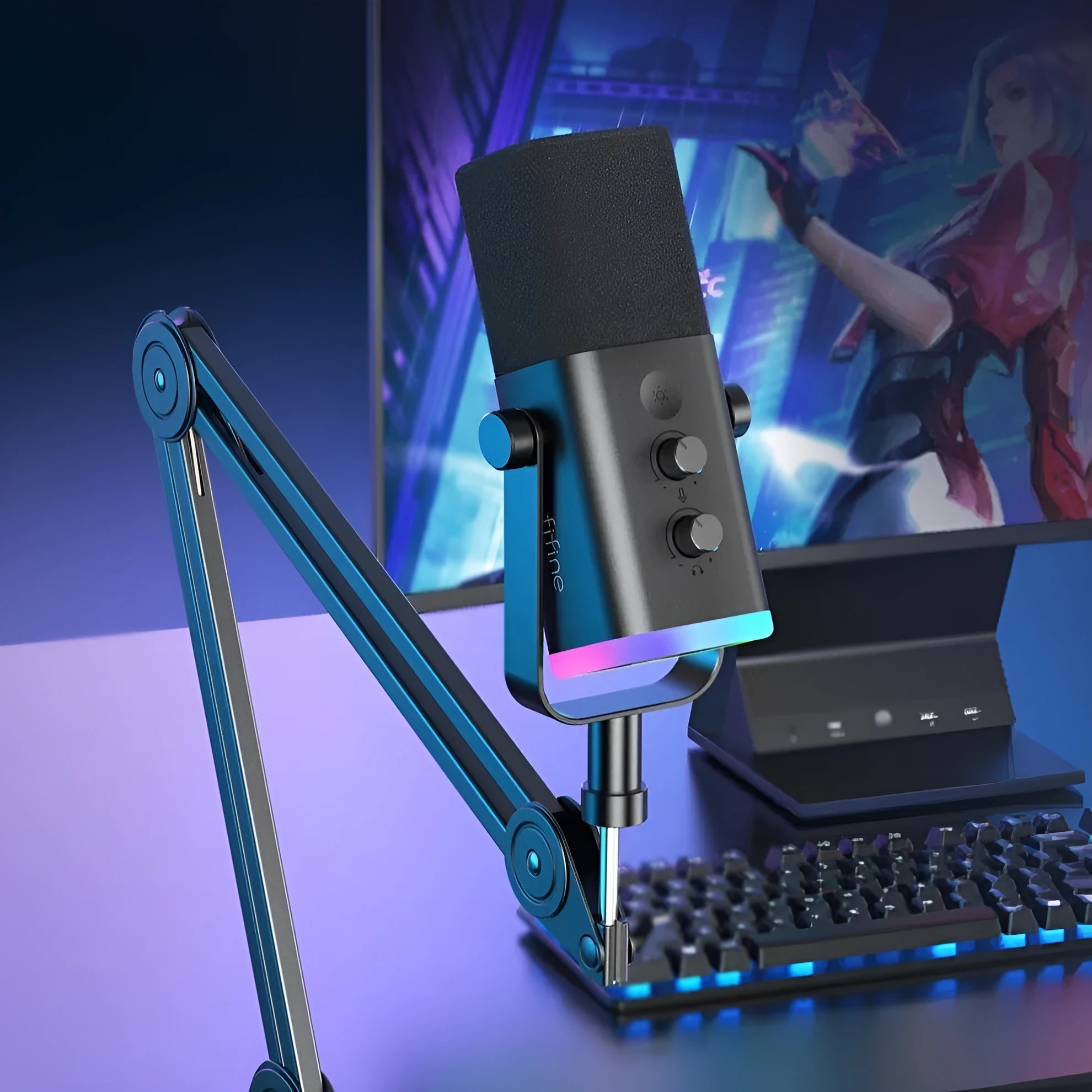Black, pink, or white dynamic noise reduction microphone with XLR cable and base on a desk.