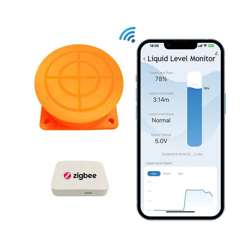 Moray ME201W wireless fluid level monitor unit with power adapter for remote tank monitoring via smartphone app.